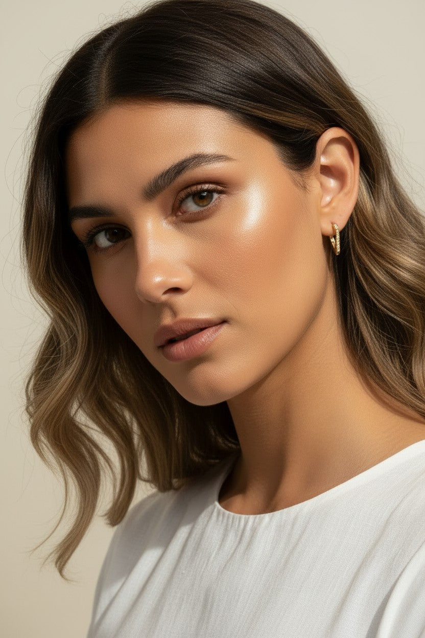 A close-up portrait of a woman with wavy brown hair wearing a delicate gold hoop earring, set against a soft beige background.