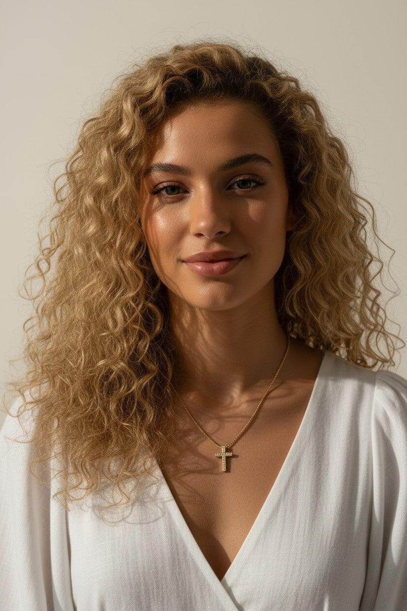 Gold Pavé Cross Pendant Necklace Worn On-Model, This series of portraits shows the gold pavé cross pendant resting at the collarbone on a fine ball chain, styled with a flowing white wrap top for a soft, natural look. Captured from front-facing and close-up profile angles, the crystal-covered cross is shown at true scale against warm skin, giving shoppers a clear sense of its petite, delicate proportions and dainty drop length.