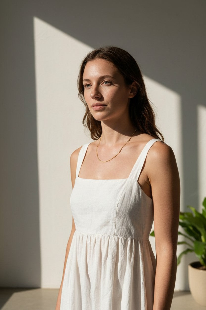 fine gold box chain necklace on model, thin gold chain necklace, dainty gold necklace, delicate box chain, layering chain necklace, collarbone necklace, minimalist gold necklace, everyday gold chain, simple gold chain necklace, lightweight gold necklace, summer linen style jewelry, gift for her