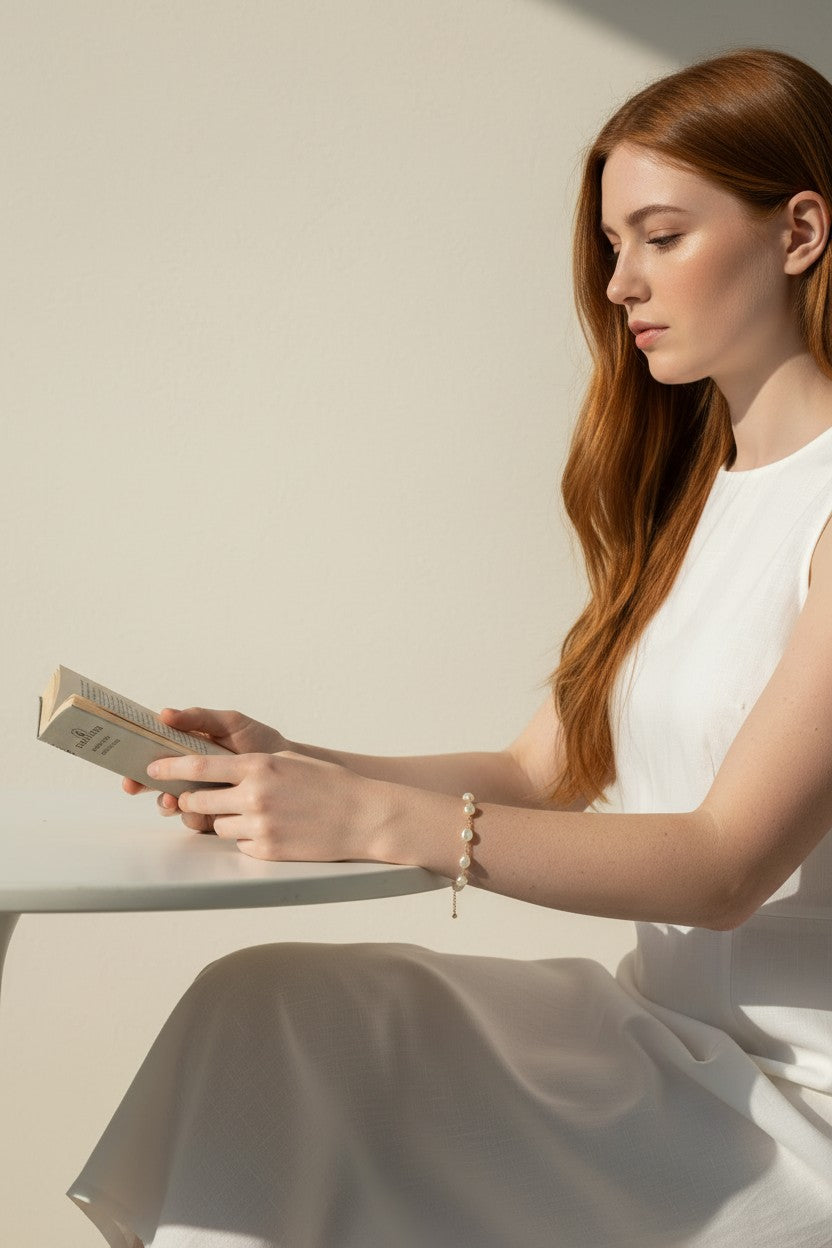 pearl charm bracelet, pearl bracelet on model, gold chain pearl bracelet with charm, dainty pearl bracelet, layering pearl bracelet, pearl bracelet lifestyle, pearl bracelet dangle detail, everyday pearl bracelet