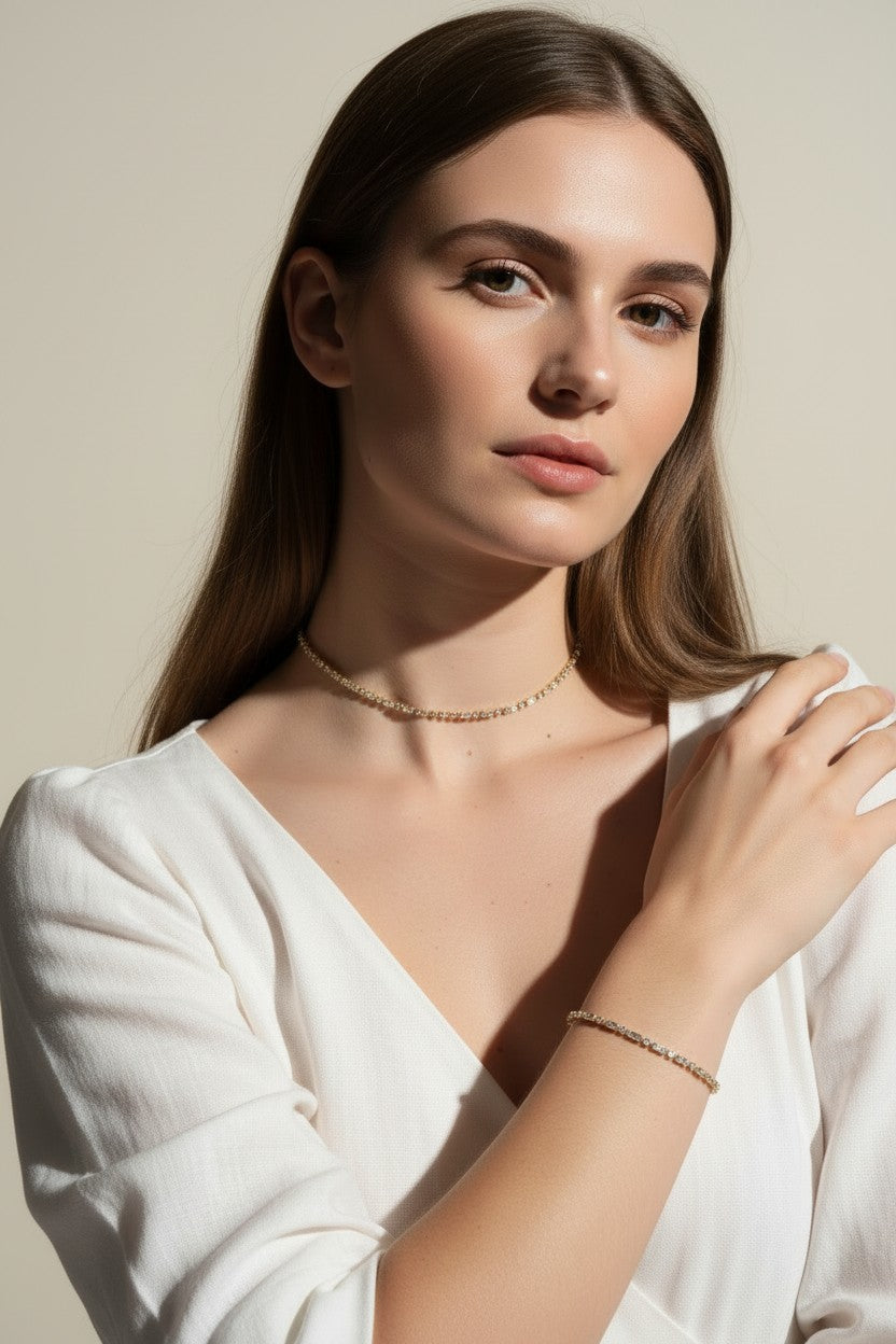 round CZ tennis choker, matching tennis bracelet set, cubic zirconia jewelry set, tennis necklace and bracelet, round cut CZ set on model, sparkly matching jewelry, layering tennis set, dainty CZ choker and bracelet