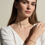 round CZ tennis choker, matching tennis bracelet set, cubic zirconia jewelry set, tennis necklace and bracelet, round cut CZ set on model, sparkly matching jewelry, layering tennis set, dainty CZ choker and bracelet
