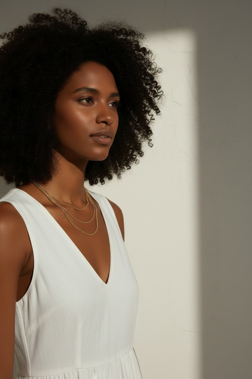 layered gold necklace, gold chain necklace set, curb chain necklace, beaded chain necklace, cable chain necklace, layering necklace set, everyday gold jewelry, on-model necklace photography