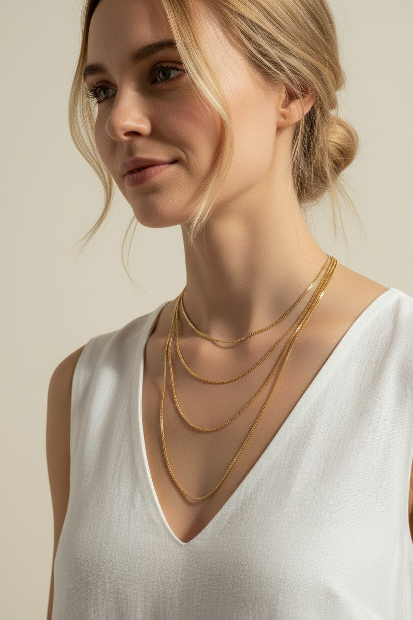 mariner chain necklace on-model, anchor link necklace gold, 18K gold overlay chain, nautical chain necklace, layered mariner chain, statement link necklace, textured gold chain, mariner necklace close-up