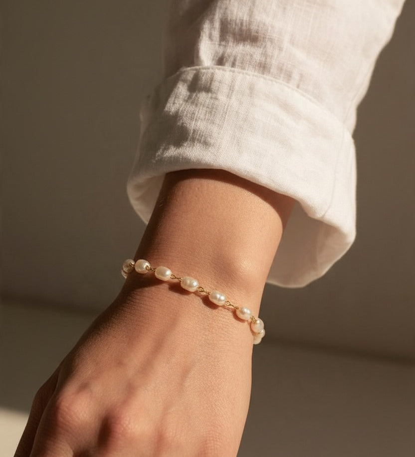 pearl station bracelet, wire wrapped pearl bracelet, oval pearl bracelet, gold and pearl bracelet, dainty pearl bracelet, adjustable pearl bracelet, rice pearl bracelet, lobster clasp pearl bracelet, bridal pearl bracelet, everyday pearl bracelet, layering bracelet, women’s pearl bracelet
