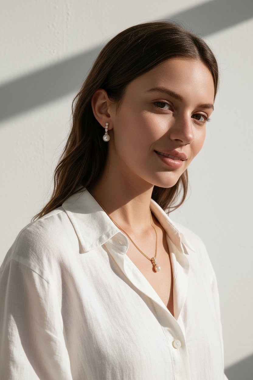 pearl necklace and earring set, pearl drop pendant necklace, pearl drop earrings, bridal pearl jewelry set, gold pearl pendant on model, classic pearl jewelry, pearl and crystal earrings, matching necklace and earring set, wedding jewelry set, elegant pearl jewelry, gift jewelry set for her, women’s pearl jewelry set
