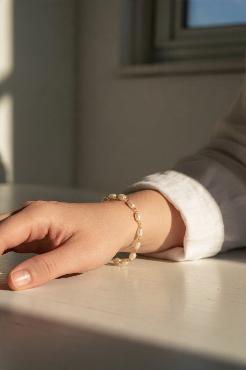 pearl station bracelet, wire wrapped pearl bracelet, oval pearl bracelet, gold and pearl bracelet, dainty pearl bracelet, adjustable pearl bracelet, rice pearl bracelet, lobster clasp pearl bracelet, bridal pearl bracelet, everyday pearl bracelet, layering bracelet, women’s pearl bracelet