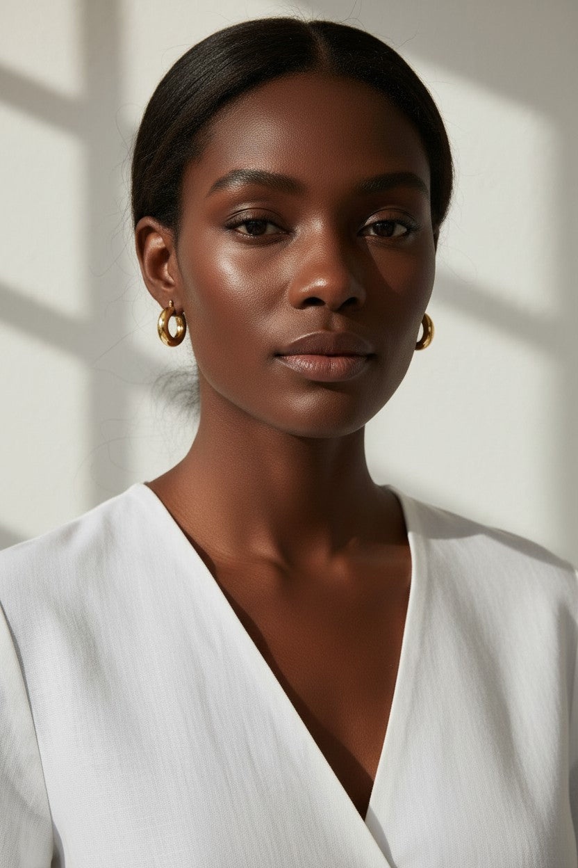 mini dome hoop earrings, small gold hoops on model, chunky mini hoops, rounded gold earrings, everyday small hoops, polished dome earrings, compact gold hoops, minimalist statement earrings