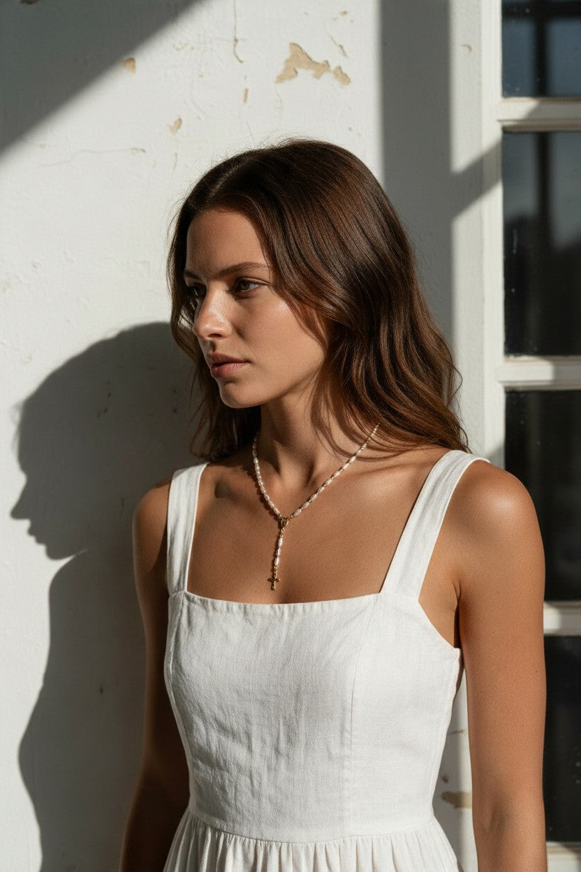 pearl rosary necklace on model, freshwater pearl rosary necklace, gold bead rosary necklace, rosary style necklace, pearl cross necklace, Catholic jewelry, religious necklace, first communion gift, confirmation gift, baptism gift, vintage-style pearl necklace, collarbone necklace, gift for her