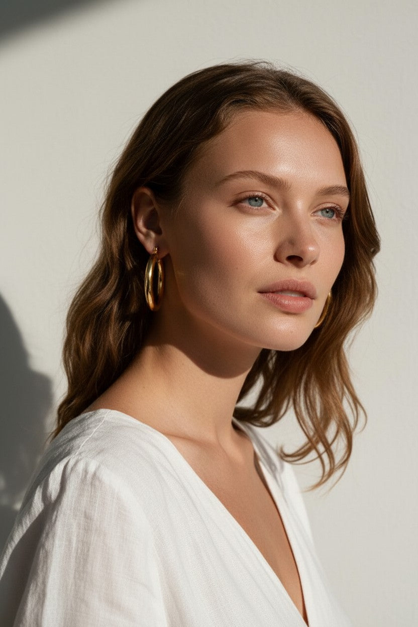 classic gold hoop earrings on model, gold tube hoop earrings, polished gold hoops, medium gold hoop earrings, thick gold hoops, everyday gold hoops, timeless hoop earrings, minimalist gold hoops, lightweight chunky hoops, hoop earrings for long hair, gift for her, summer linen style jewelry