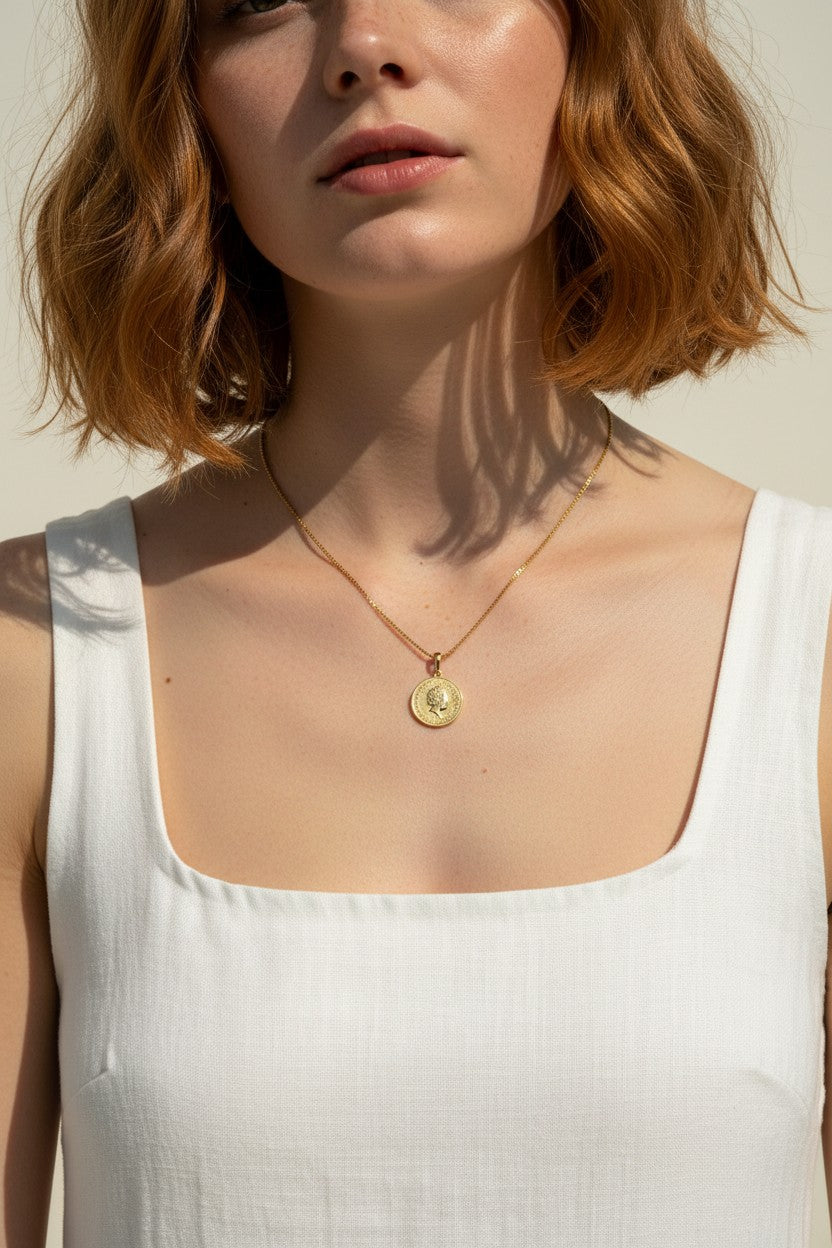 gold coin necklace, Queen Elizabeth coin pendant, vintage coin necklace, medallion necklace gold, coin charm necklace, textured gold necklace, collectible coin jewelry, layering necklace