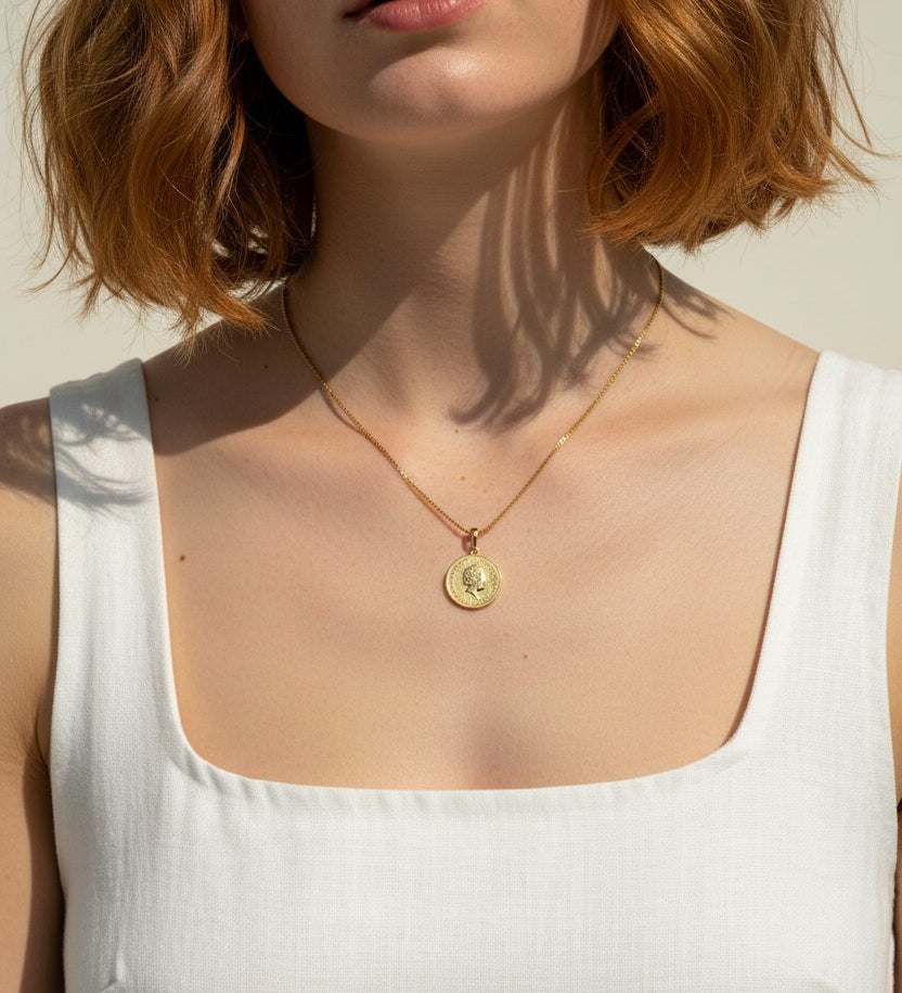 gold coin necklace, Queen Elizabeth coin pendant, vintage coin necklace, medallion necklace gold, coin charm necklace, textured gold necklace, collectible coin jewelry, layering necklace