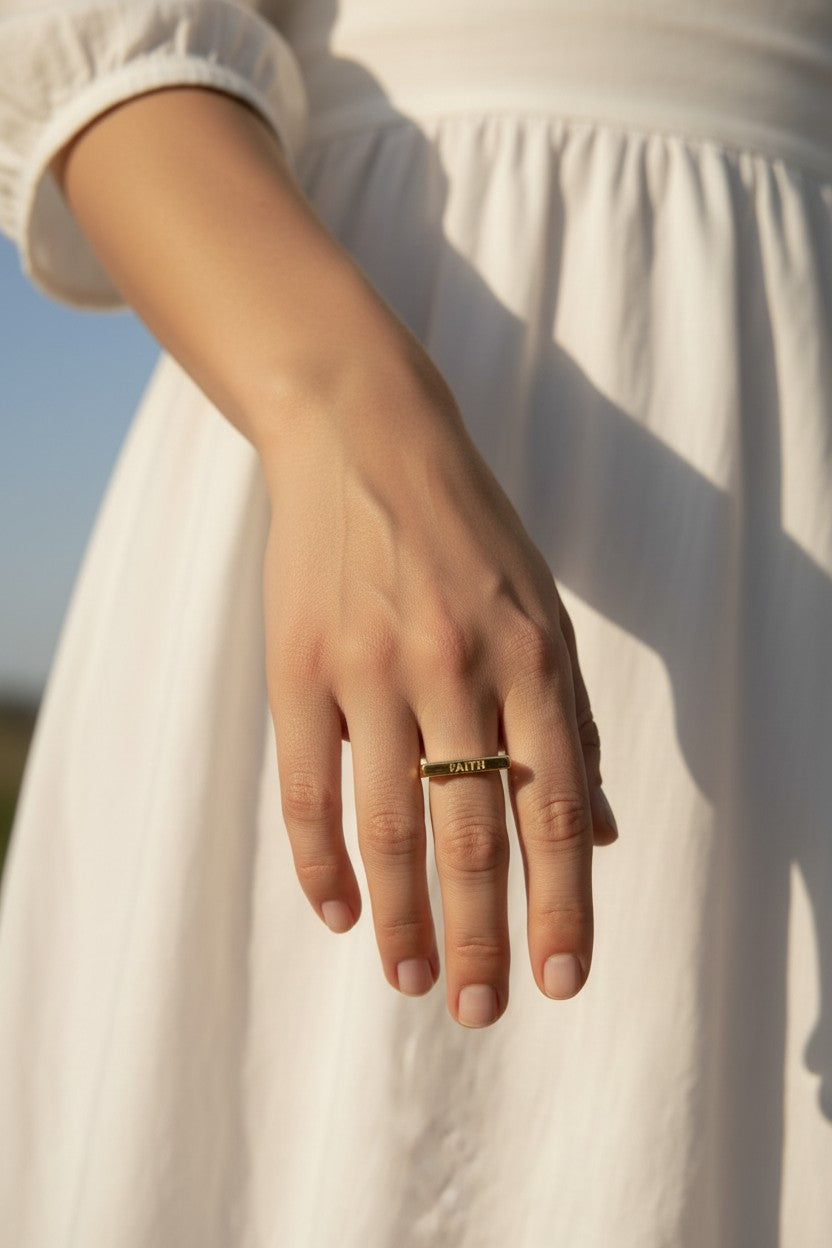 faith ring, word signet ring, engraved gold ring, inspirational jewelry, gold statement ring, personalized word ring, on-model ring photography, meaningful jewelry gift