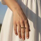 faith ring, word signet ring, engraved gold ring, inspirational jewelry, gold statement ring, personalized word ring, on-model ring photography, meaningful jewelry gift