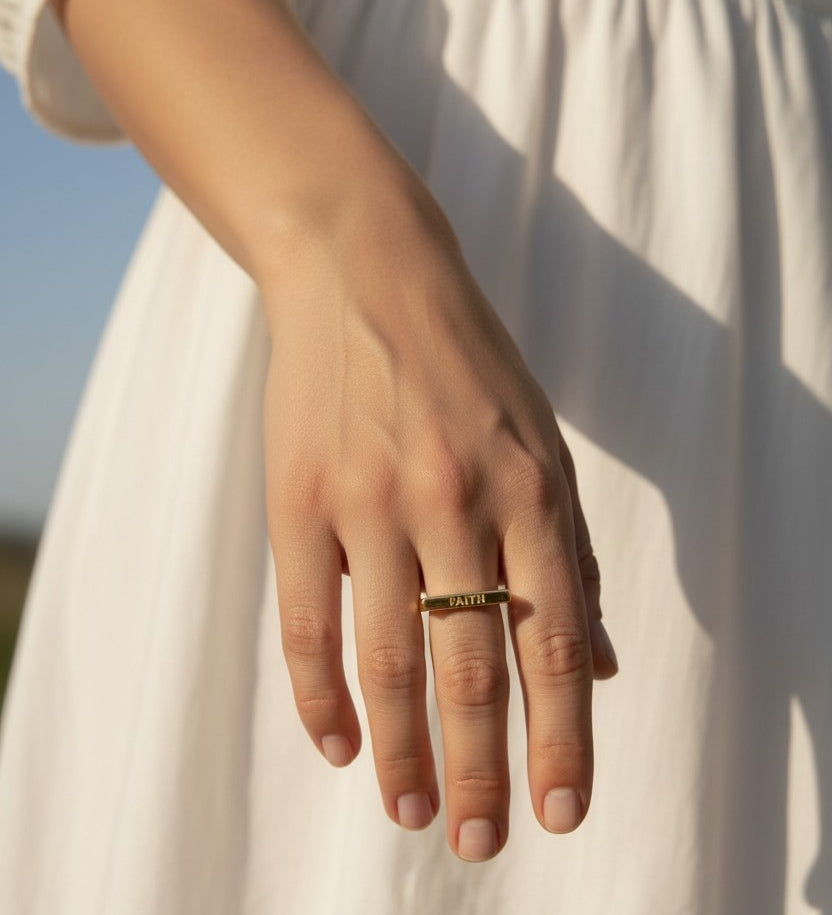 faith ring, word signet ring, engraved gold ring, inspirational jewelry, gold statement ring, personalized word ring, on-model ring photography, meaningful jewelry gift