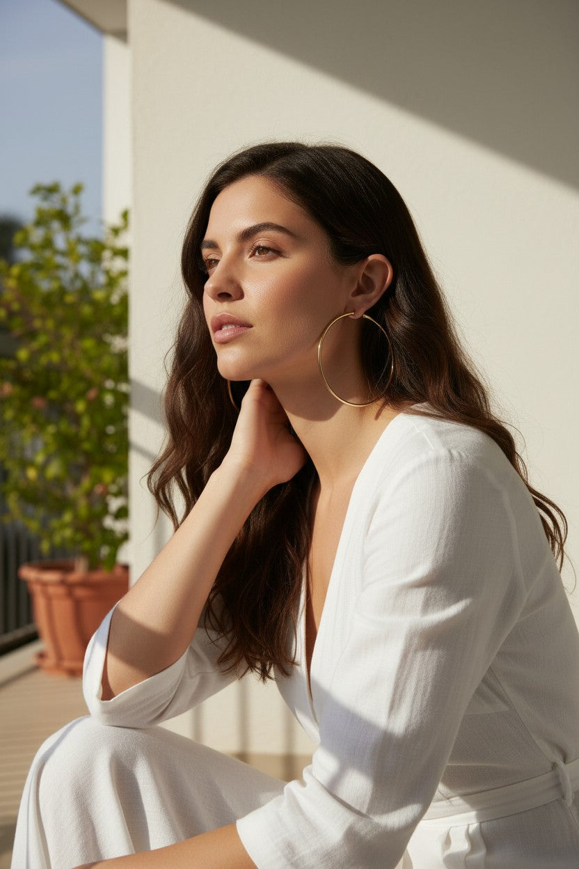 This series of lifestyle portraits shows large gold hoop earrings worn at the ear, their smooth round-wire silhouette shown at true scale against soft waved hair and warm, sunlit skin. Styled with a plunging white wrap top in both an indoor studio setting and an outdoor balcony scene, the hoops are captured from front-facing, side-profile, and close-up angles, giving shoppers a comprehensive view of drop length, diameter, and fit. Bold natural sunlight and dramatic shadow accents create a warm, sun-drenched