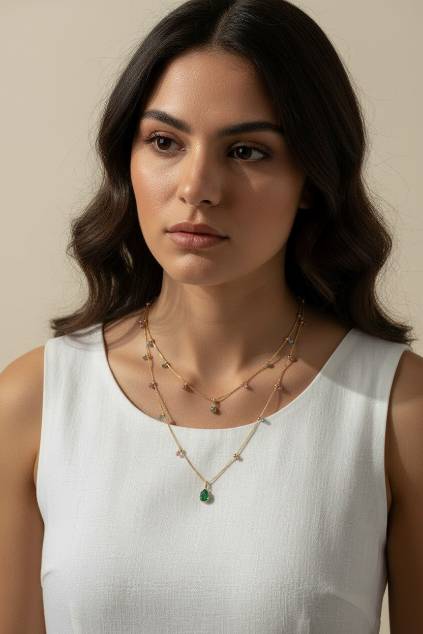 layered gemstone necklace, multicolor gemstone chain, emerald pendant necklace, gold layered necklace set, dainty gemstone necklace, colorful chain necklace, green stone pendant, layered necklace on-model