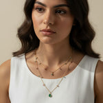 layered gemstone necklace, multicolor gemstone chain, emerald pendant necklace, gold layered necklace set, dainty gemstone necklace, colorful chain necklace, green stone pendant, layered necklace on-model