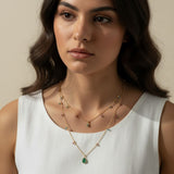 layered gemstone necklace, multicolor gemstone chain, emerald pendant necklace, gold layered necklace set, dainty gemstone necklace, colorful chain necklace, green stone pendant, layered necklace on-model