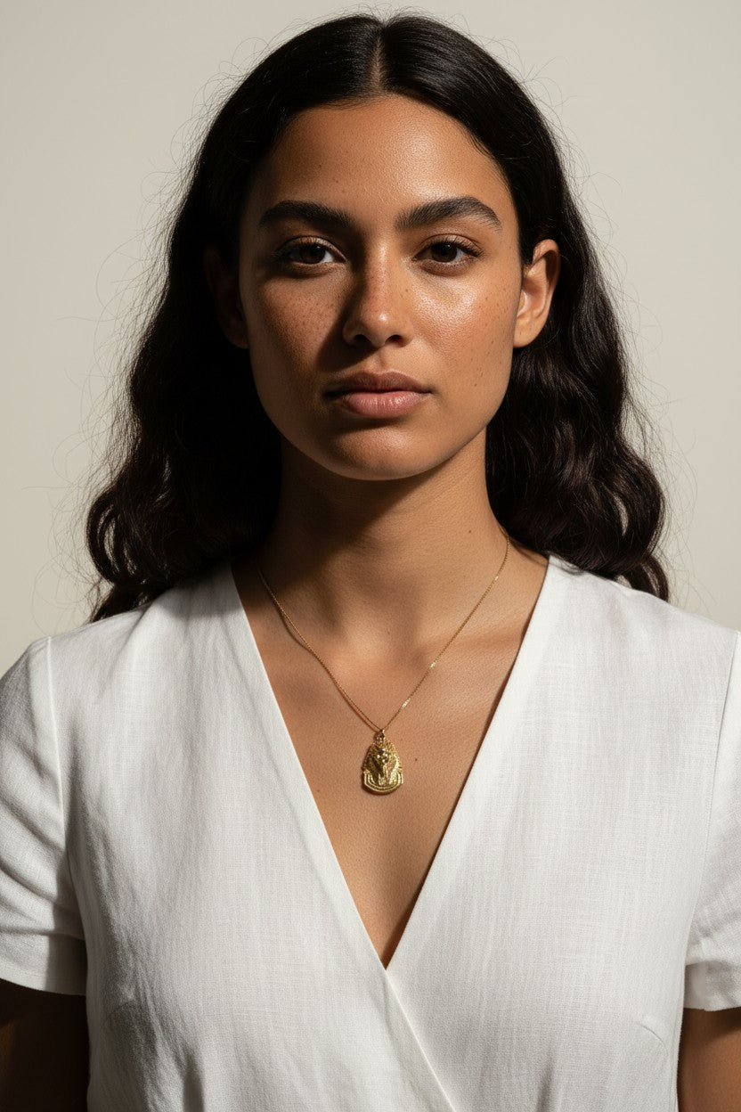 gold pharaoh necklace, Egyptian mask pendant necklace, King Tut necklace, statement gold necklace, Egyptian jewelry, textured gold necklace, historical pendant necklace, on-model necklace photography