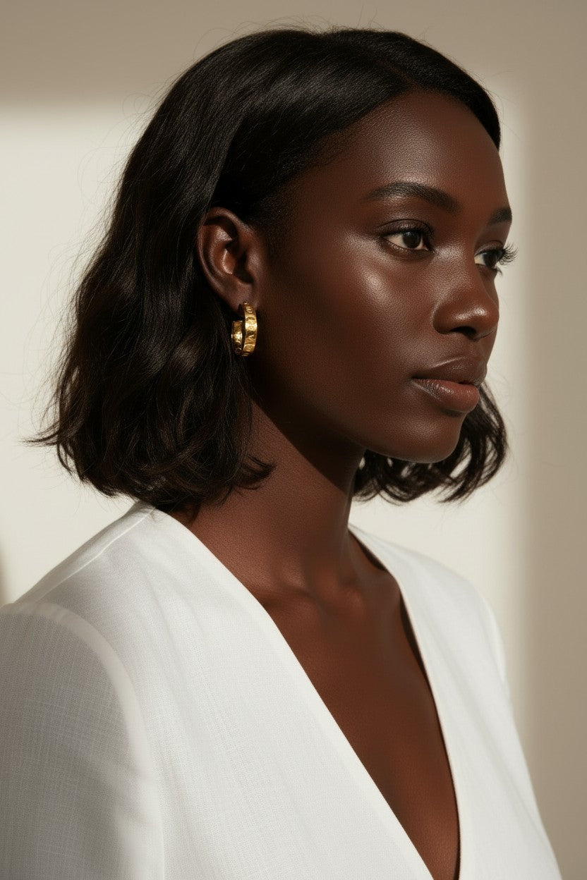 hammered gold hoop earrings, textured hoop earrings, gold huggie hoops, everyday gold earrings, small gold hoops, organic texture earrings, minimalist gold jewelry, on-model earring photography