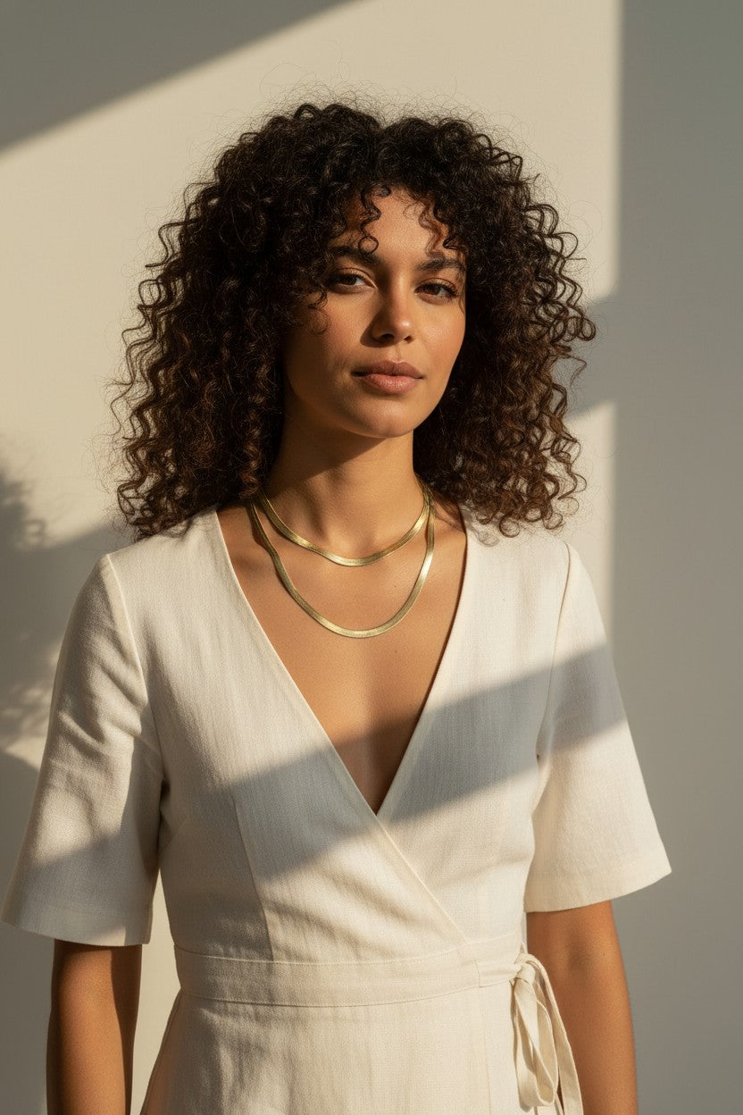 layered herringbone necklaces, double herringbone chain, gold chain layering on model, 18k gold overlay necklace set, herringbone necklace editorial, layered gold necklaces sunset, mixed length herringbone chains, gold chain styling inspiration