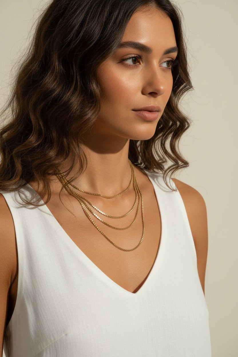 layered box chain necklace, cascading gold necklace, multi strand necklace, graduated chain necklace, 18k gold layered necklace, box chain necklace set, delicate gold layering necklace, stacked chain necklace