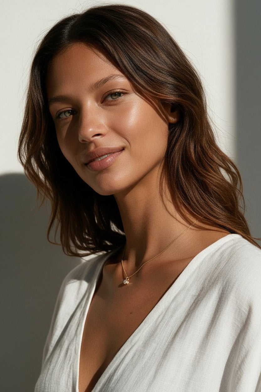 gold solitaire necklace on model, dainty solitaire pendant, minimalist gold necklace, single stone pendant necklace, delicate gold chain necklace, cubic zirconia solitaire necklace, collarbone necklace, everyday sparkle necklace, layering necklace, anniversary gift for her, bridesmaid necklace, gift for her