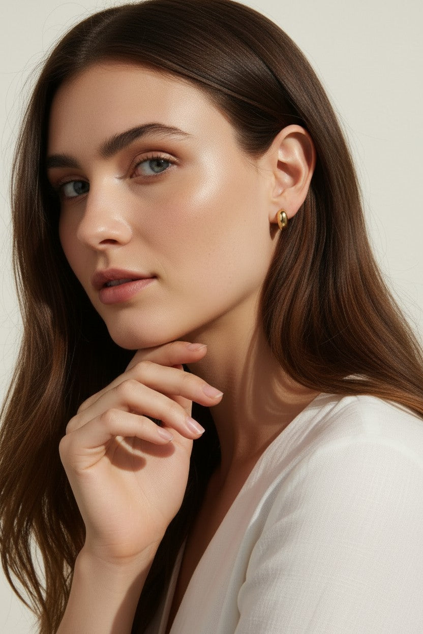 chunky gold hoop earrings, dome hoop earrings on model, puffy gold earrings, statement gold earrings, sculptural gold hoops, minimalist chunky earrings, high shine gold earrings, gold earrings close-up
