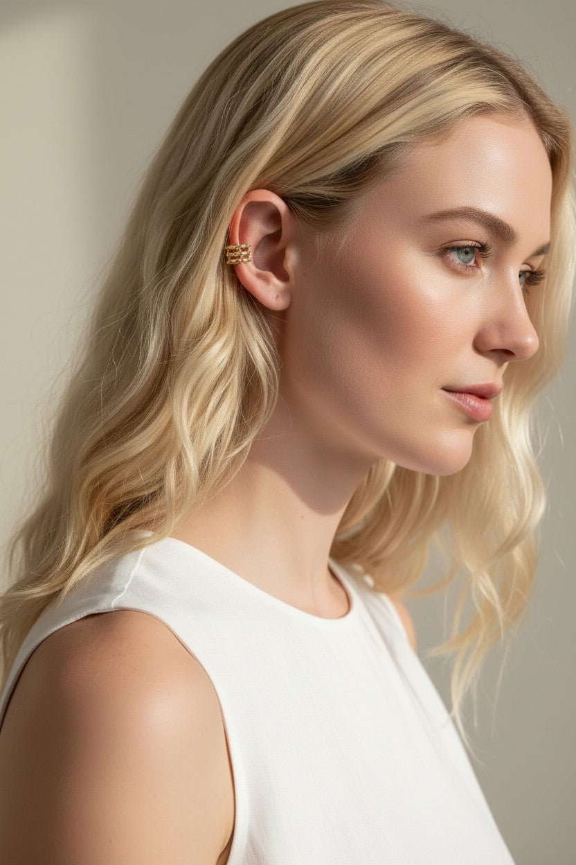 gold ear cuff, triple row ear cuff, no piercing ear cuff, stacked ear cuff gold, cartilage cuff earring, textured gold ear cuff, non-pierced cuff earring, layered ear cuff