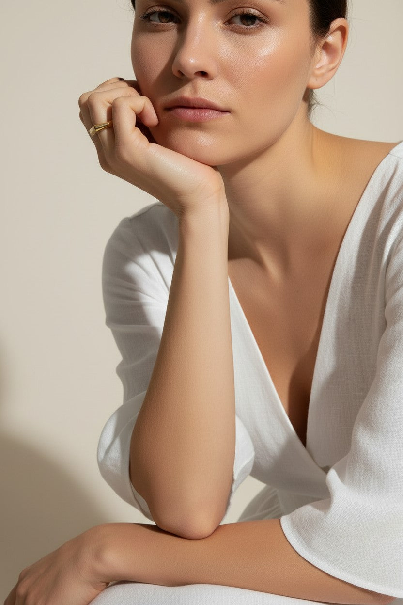 vertical bar ring, gold bar ring on model, minimalist geometric ring, modern stacking ring, architectural gold ring, sleek bar ring styled, everyday gold ring, statement bar ring