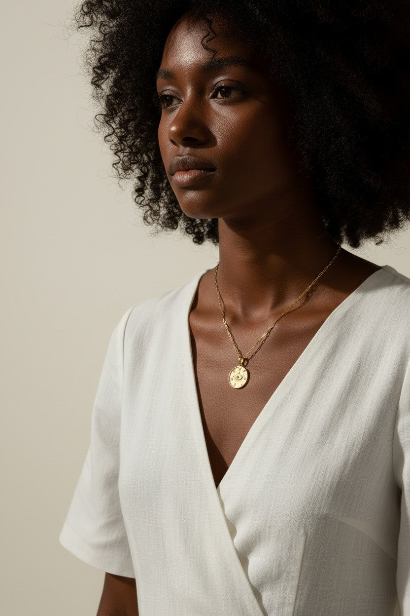 protected necklace, evil eye coin pendant necklace, gold word necklace, medallion necklace gold, layered gold necklace, symbolic jewelry, protective jewelry, double chain necklace