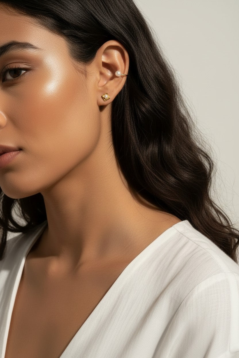 pearl ear cuff, gold ear cuff, no piercing ear cuff, pearl stud earrings, square pearl earrings, ear party earrings, layered ear look, gold pearl jewelry, curated ear stack, on-model earring styling