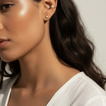 pearl ear cuff, gold ear cuff, no piercing ear cuff, pearl stud earrings, square pearl earrings, ear party earrings, layered ear look, gold pearl jewelry, curated ear stack, on-model earring styling