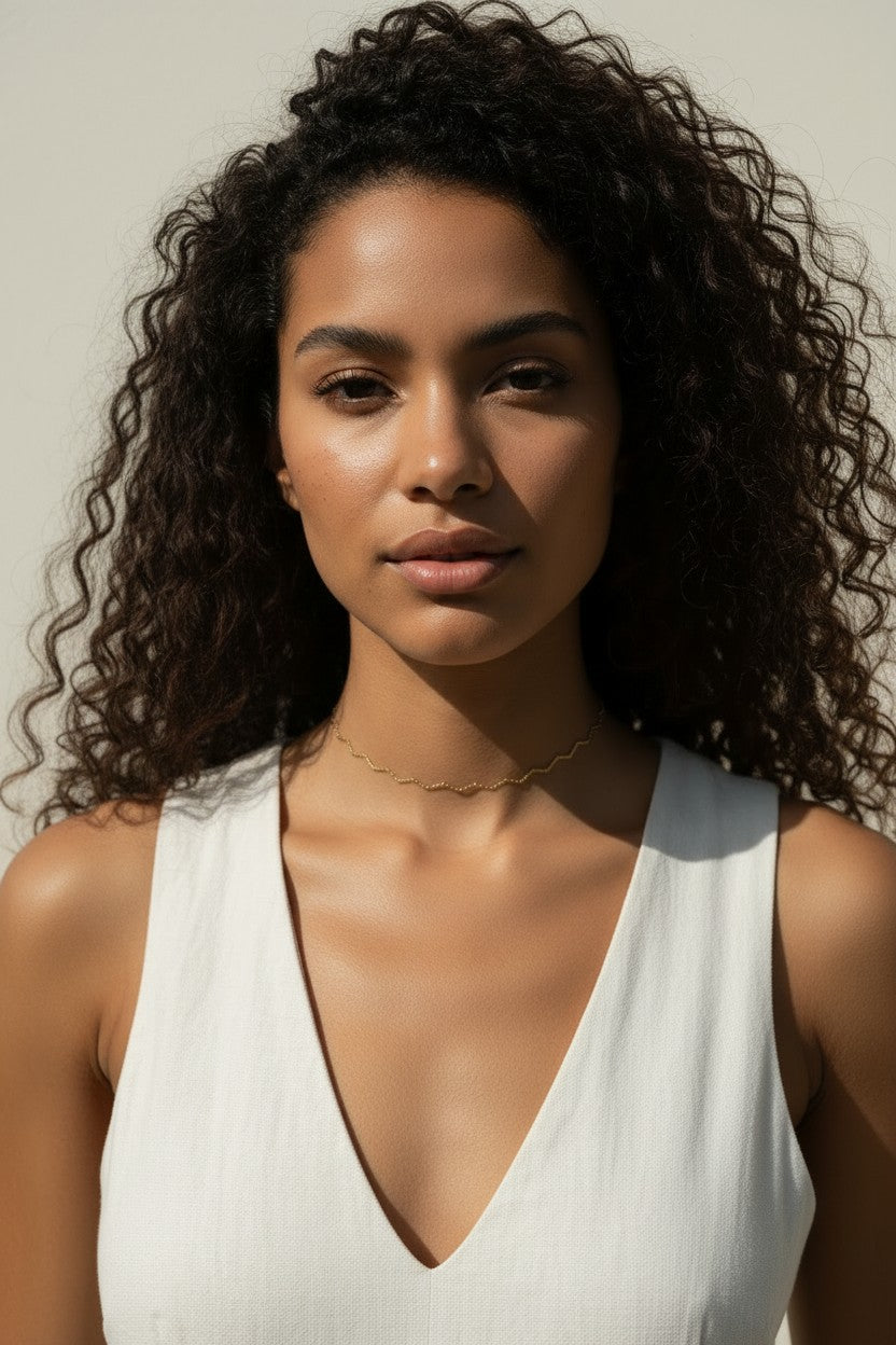 zig zag choker on model, geometric gold choker necklace, edgy minimalist choker, gold chevron choker close-up, dainty geometric necklace, layering choker on model, 18k gold filled choker, gold choker collarbone shot