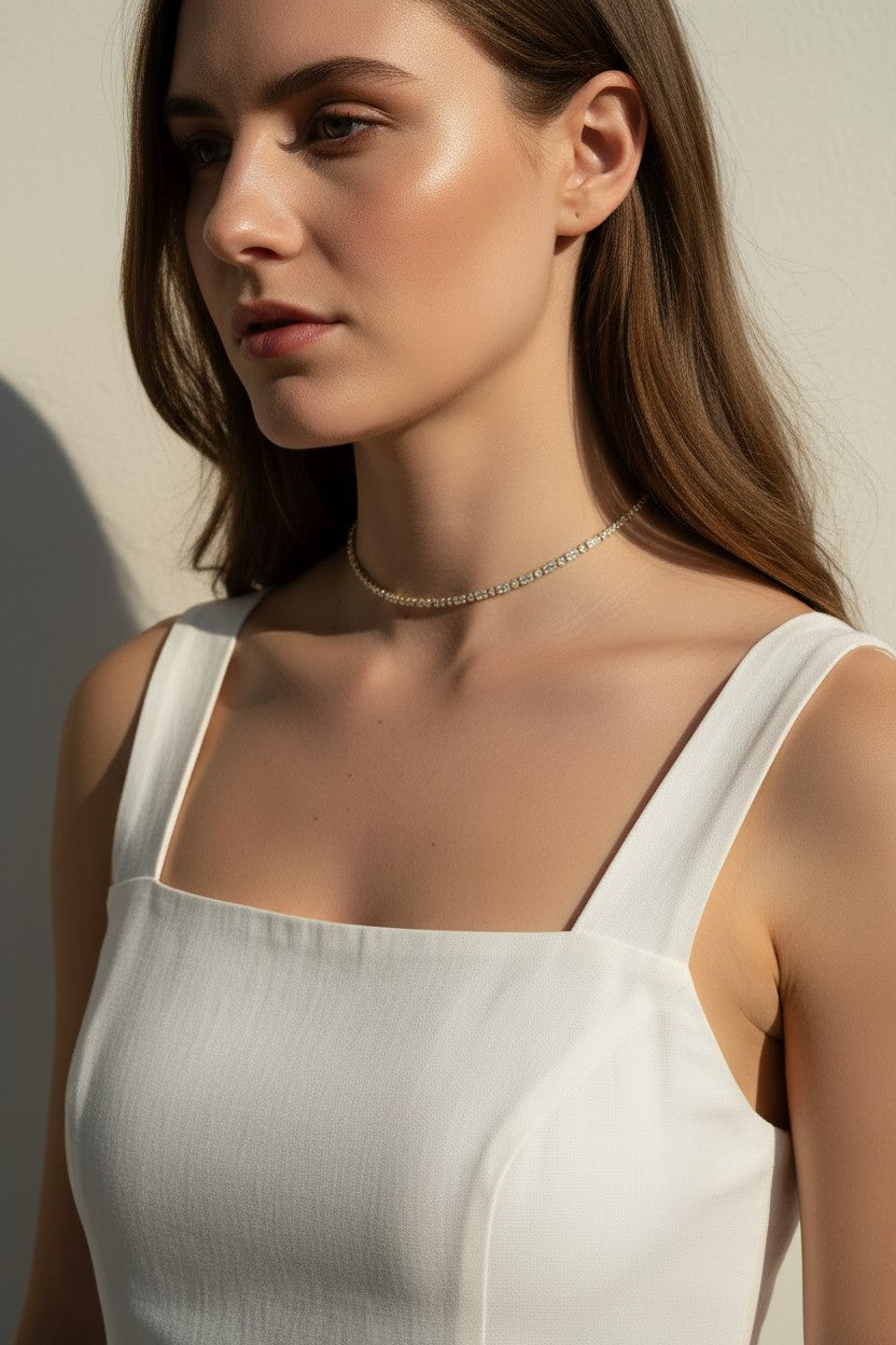 CZ tennis choker on model, baguette round cut necklace, sparkly choker close-up, stainless steel tennis necklace, cubic zirconia choker on model, statement choker necklace, layering CZ necklace, glamorous choker photo