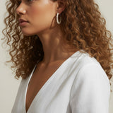 pearl hoop earrings worn, pearl earrings on model multiple hairstyles, classic pearl hoops lifestyle photo, wedding pearl earrings styled, freshwater pearl hoops fit, timeless pearl earrings close-up