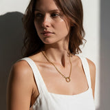 gold rolo chain necklace on model, round clasp necklace, charm holder necklace, spring ring clasp necklace, gold chain with ring clasp, modern gold chain necklace, front clasp necklace, layering chain necklace, everyday gold necklace, minimalist gold necklace, interchangeable pendant necklace, women’s gold chain necklace