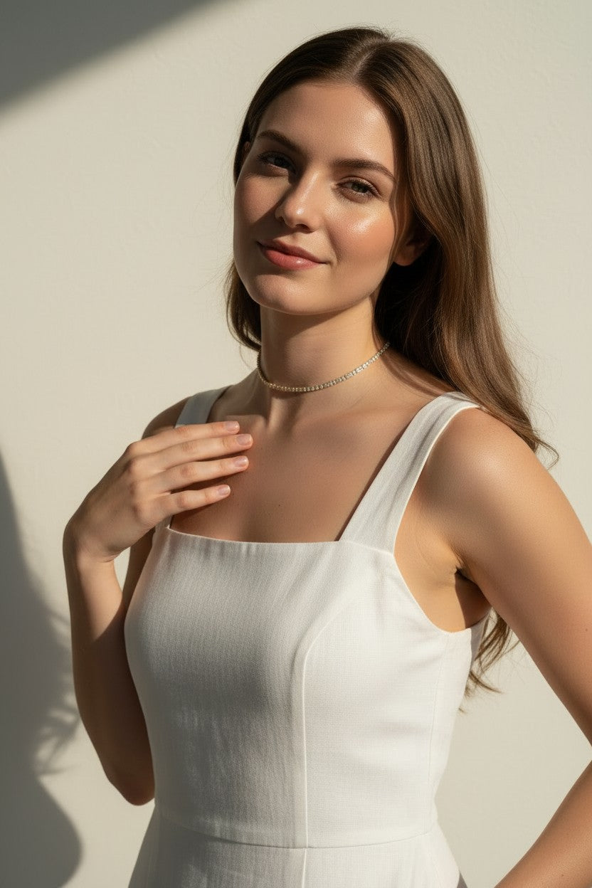 CZ tennis choker on model, baguette round cut necklace, sparkly choker close-up, stainless steel tennis necklace, cubic zirconia choker on model, statement choker necklace, layering CZ necklace, glamorous choker photo