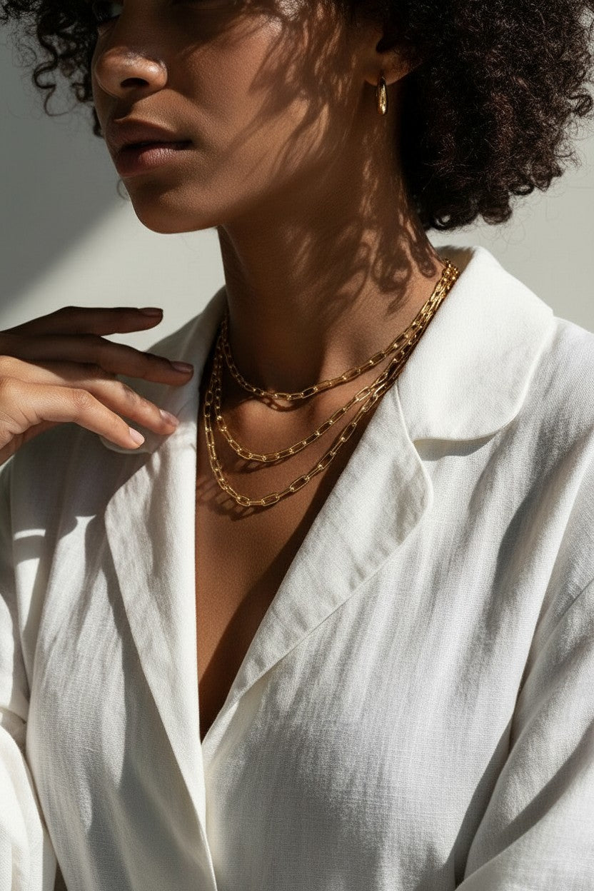 layered paperclip chain necklace, gold paperclip necklace on model, layered gold chains, paperclip link chain set, chunky chain layering, graduated length necklaces, everyday gold chain stack