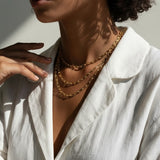 layered paperclip chain necklace, gold paperclip necklace on model, layered gold chains, paperclip link chain set, chunky chain layering, graduated length necklaces, everyday gold chain stack