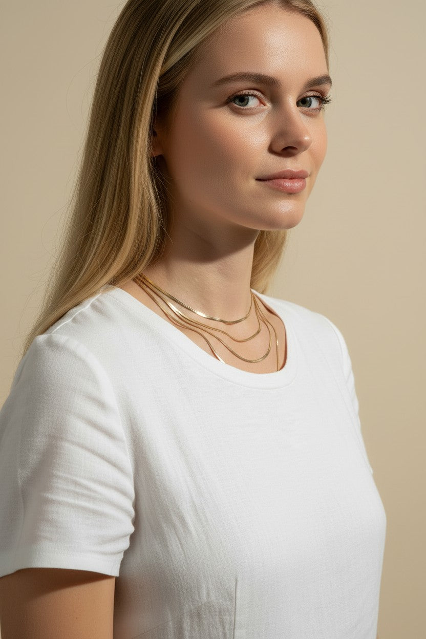 herringbone chain layering, mixed width gold necklaces, layered herringbone necklace set, gold chain stacking, 18k gold overlay layered necklaces, herringbone necklace styling, thick and thin chain layering, gold necklace stack on model