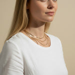 herringbone chain layering, mixed width gold necklaces, layered herringbone necklace set, gold chain stacking, 18k gold overlay layered necklaces, herringbone necklace styling, thick and thin chain layering, gold necklace stack on model