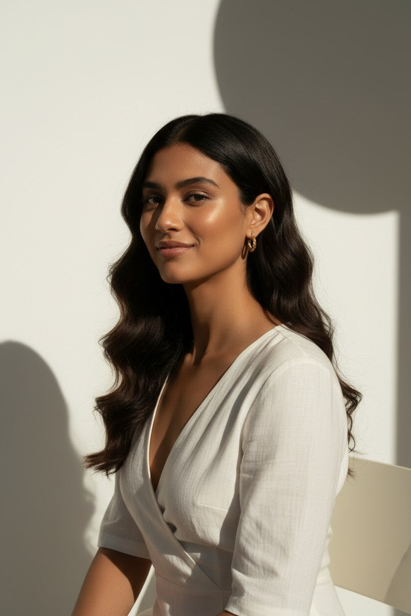 textured gold hoop earrings, feather texture hoops, 18K gold overlay hoops, small gold hoops on-model, sculptural hoop earrings, everyday gold hoops, organic texture earrings, chunky textured hoops
