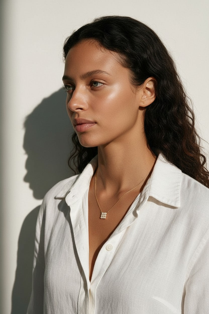 pave cluster pendant necklace, crystal pendant necklace gold, dainty pendant necklace, 18K gold overlay necklace, minimalist crystal necklace, sparkly pendant on-model, small pendant necklace, layering pendant necklace