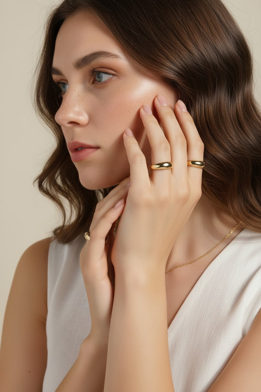 chunky dome ring, gold dome ring set, stackable gold rings, bold gold ring, 18k gold overlay ring, statement ring stack, teardrop dome ring, thick gold band ring