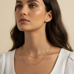 layered gold necklace set worn, double chain necklace styled, gold chain layering set fit, minimalist layered necklace lifestyle photo, disc chain and cable chain necklace, gold necklace stack close-up