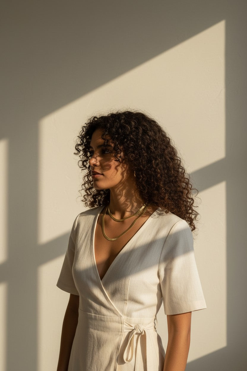 layered herringbone necklaces, double herringbone chain, gold chain layering on model, 18k gold overlay necklace set, herringbone necklace editorial, layered gold necklaces sunset, mixed length herringbone chains, gold chain styling inspiration