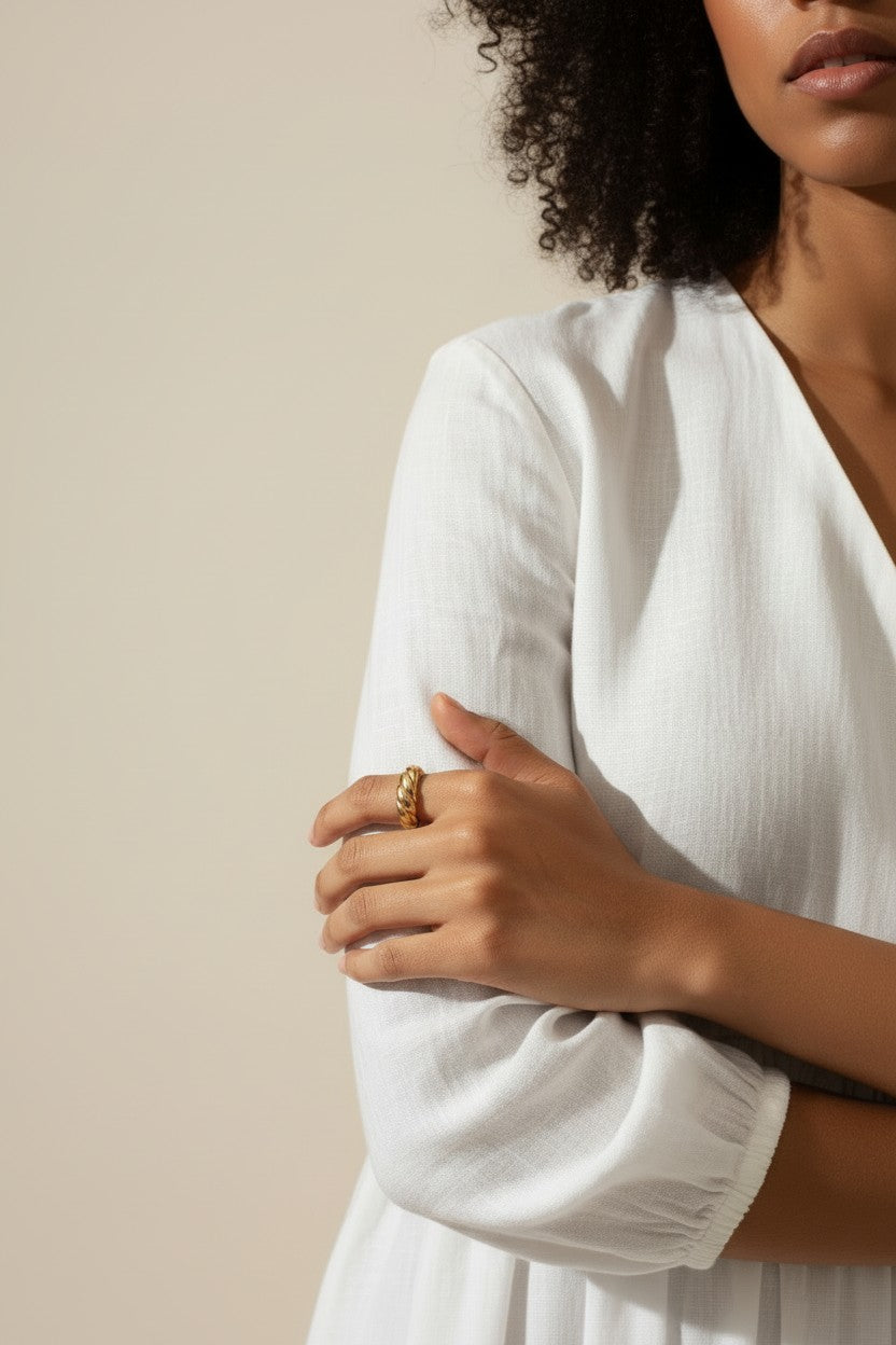 croissant ring on model, twisted ridge gold ring, textured dome ring lifestyle, chunky gold ring styled, 18k gold overlay ring, statement gold ring on hand, ribbed gold band ring, sculptural gold ring outfit