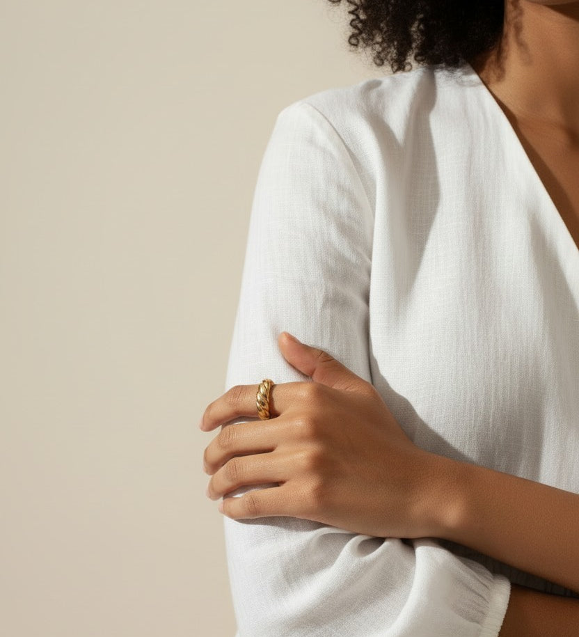 croissant ring on model, twisted ridge gold ring, textured dome ring lifestyle, chunky gold ring styled, 18k gold overlay ring, statement gold ring on hand, ribbed gold band ring, sculptural gold ring outfit